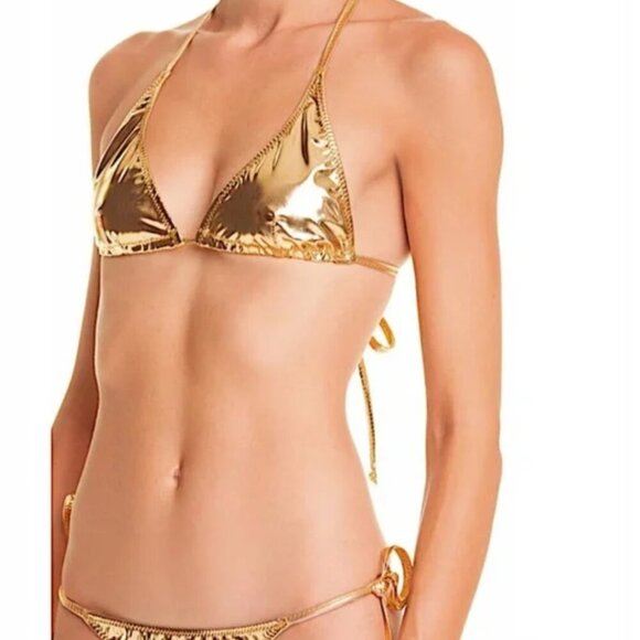 Lisa Marie Fernandez Metallic Gold Triangle Halter String Bikini  NWT - Picture 2 of 7